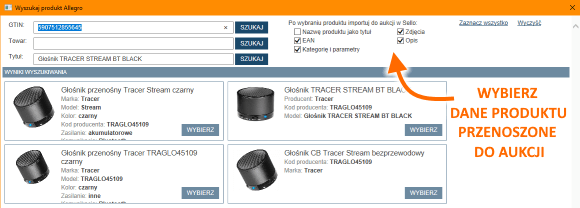 Wybór danych przenoszonych z produktu Allegro do aukcji Sello