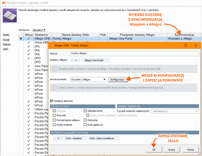 Rekonfiguracja Wysyłam z Allegro, nowe identyfikatory dostaw wza