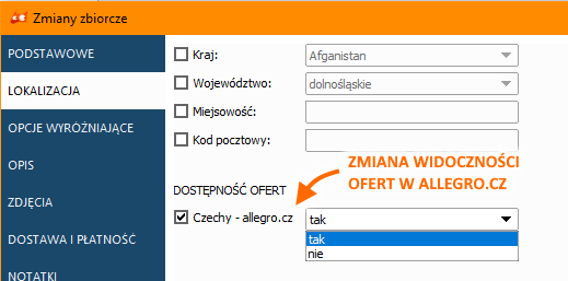 Zmiana widoczności ofert w allegro.cz za pomocą okna zmian zbiorczych