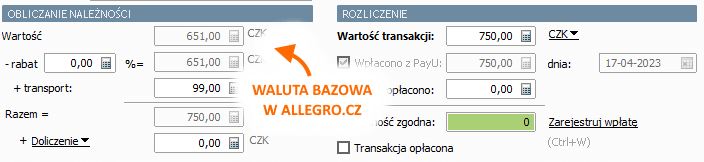 Transakcja, zamówienie w walucie obcej w Sello z allegro.cz