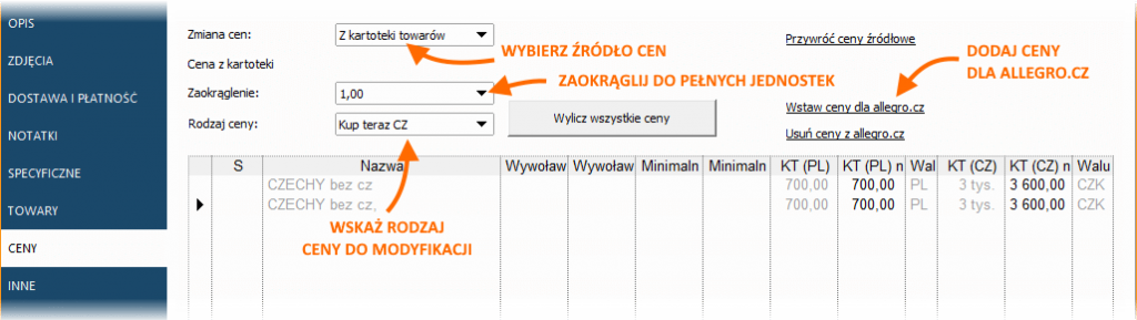 Przeceniacz, zmiana cen dla serwisu allegro.cz